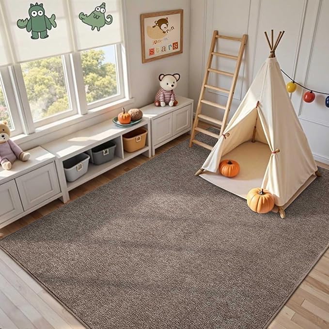 FinRèc Low Pile 5x7 Washable Area Rugs for Bedroom Living Room, Thin Rug Solid Color, Non-Slip Carpet Indoor for Home Decor (Brown)