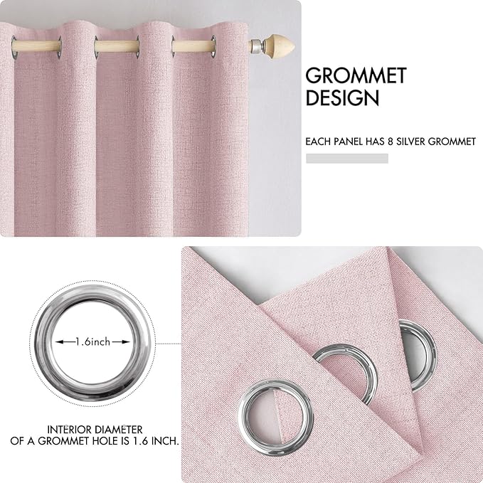 MIULEE Linen Texture Curtains for Bedroom Solid 100% Blackout Thermal Insulated Pink Curtains Grommet Room Darkening Drapes for Living Room Nursery 52x45 Inch (2 Panels)