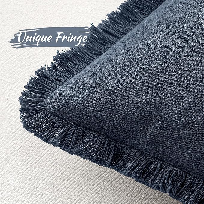 MIULEE Decorative Throw Pillow Covers Neutral Linen Fringe Throw Pillows Set of 2 Indigo Blue Boho Farmhouse Cushion Covers Coastal Decor for Couch Sofa Bed Living Room Spring Decor 24x24 Inch
