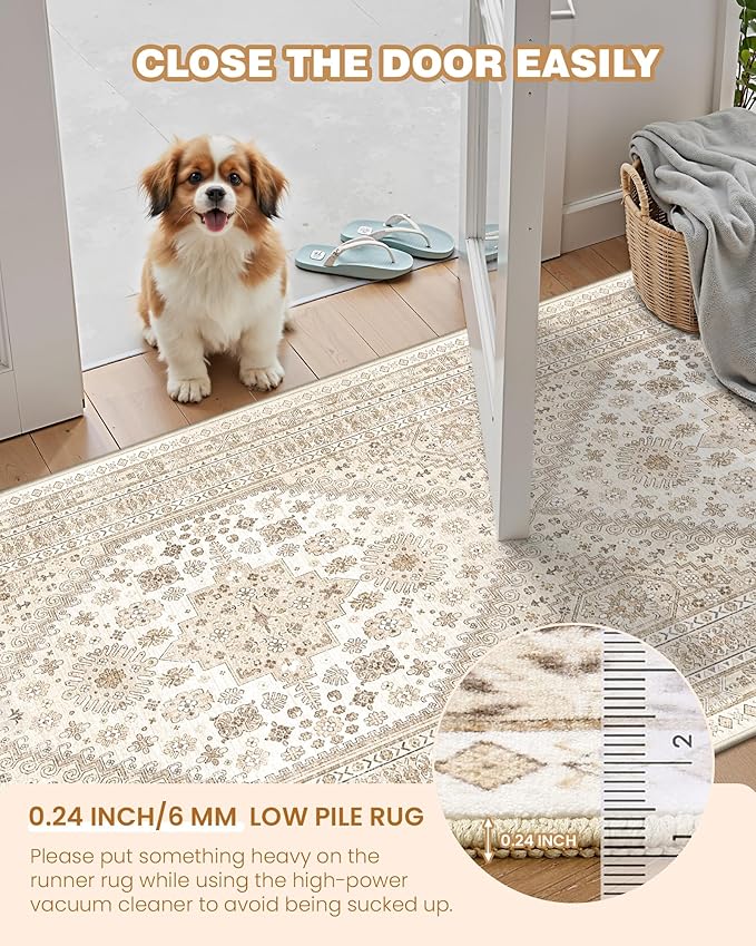 Hallway Runner Rug 2x12, Extra Long Washable Runner Rugs with Rubber Backing, Non Slip Runner, Vintage Rug Runners for Kitchen Laundry Room Entryway (Cream/Beige,2'x12')