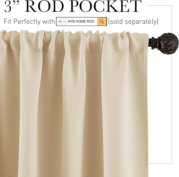 RYB HOME 54 inch Curtains for Living Room, Rod Pocket Thermal Insulated Small Window Drapes Room Darkening Shades for Bedroom Studio Dorm, W 42 x L 54 inch, Set of 2 Panels, Biscotti Beige
