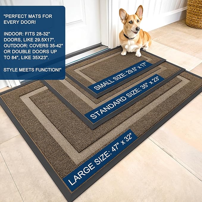 OLANLY Front Door Mat Indoor Outdoor Entrance, Waterproof All-Season, All-Weather Doormat, Sturdy Natural Rubber, Fade Resistant, Low Profile, Easy Clean Patio Porch Entryway Mat, 29.5x17, Brown