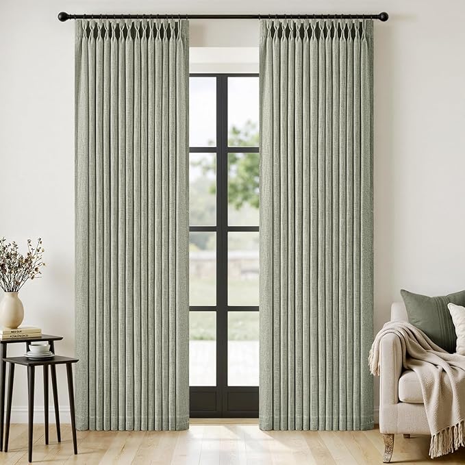 MIULEE Pinch Pleated Thick Linen Curtains 84 Inches Long 2 Panels for Living Room Bedroom, Linen Textured Memory Trained Drapes Pleat Back Tab Light Filtering Sage Green Window Curtains with Hooks