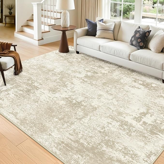 Washable Area Rugs 6'x9' Non-Slip Modern Abstract Soft for Living Room Entryway Bedroom Nursery, Print Pattern, Beige Cream Brown