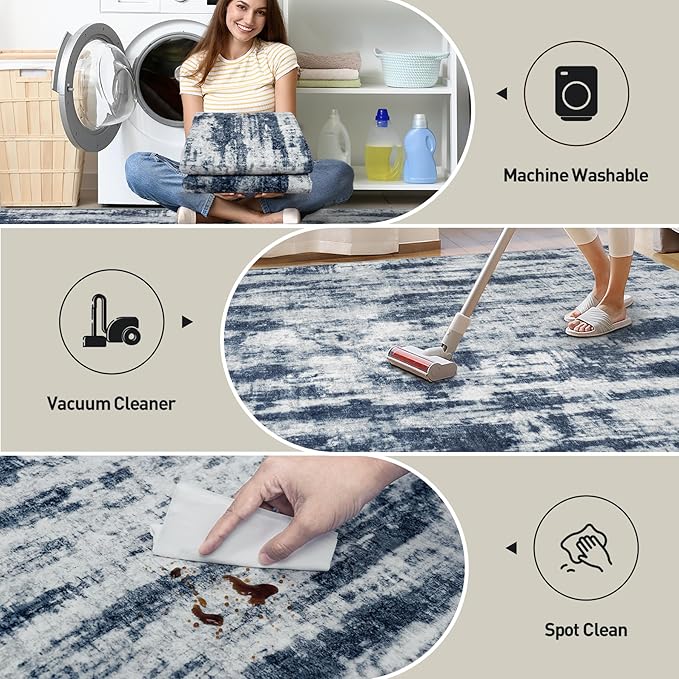6x9 Area Rugs Washable Rug: Large Modern Abstract Living Room Rug Soft Anti-Skid Thin Carpet Indoor Floor Non-Shedding Carpets for Bedroom Dining Room Farmhouse Nursery Home Office Blue Grey