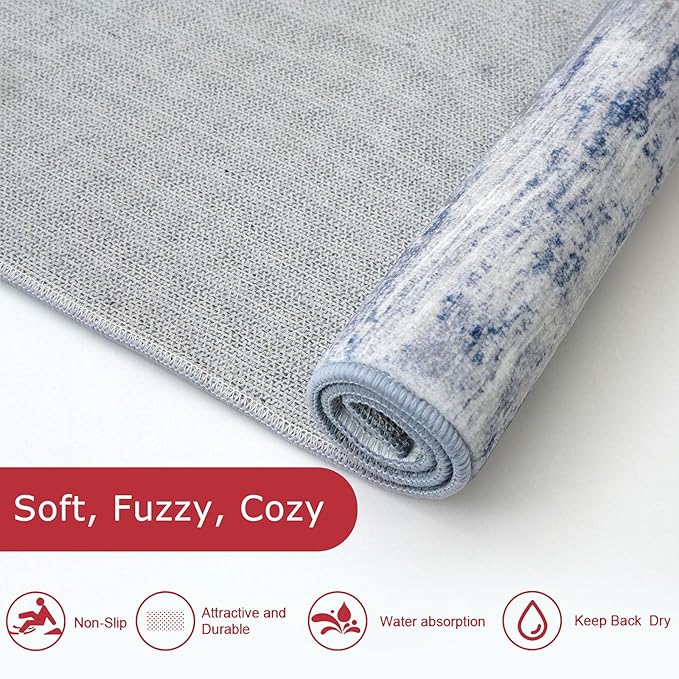 KOZYFLY Modern Abstract Round Washable Rug 5Ft, Non-Slip Soft Kitchen Bathroom Circle Rug, Grey-Blue Striped Entryway Rugs Abstract Faux Wool Doormat for Bedside Entrance Bedroom Sink