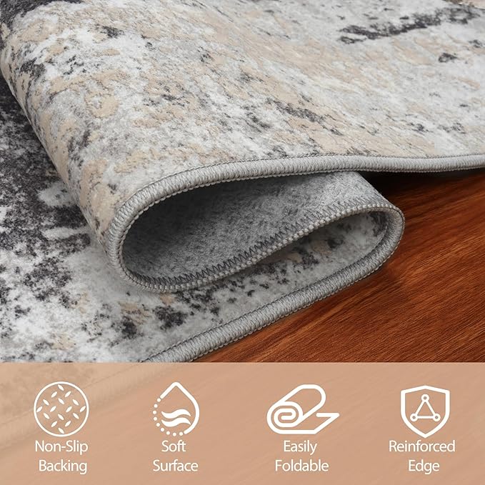 Runner Rug for Hallways Kitchen 2'6"x8' Washable Non Slip: Carpet Non Skid 8ft Entryway Rubber Backed 8 Feet Neutral Abstract Modern Rug Low Pile Pet Friendly Indoor Black Grey Gold