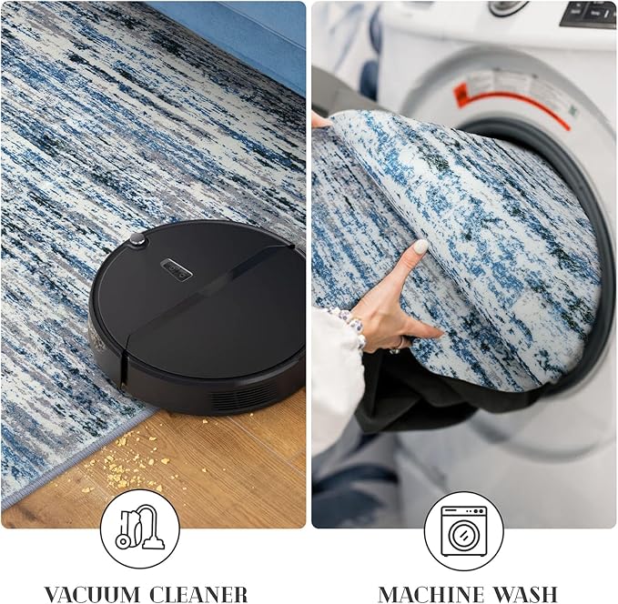 Lansny Modern Abstract 6x9 Machine Washable Living Room Rug Non-Slip Soft Bedroom Area Rug Grey Blue White Thin Print Faux Wool Floor Carpet Throw Rugs for Nursery Playroom Dining Room Indoor