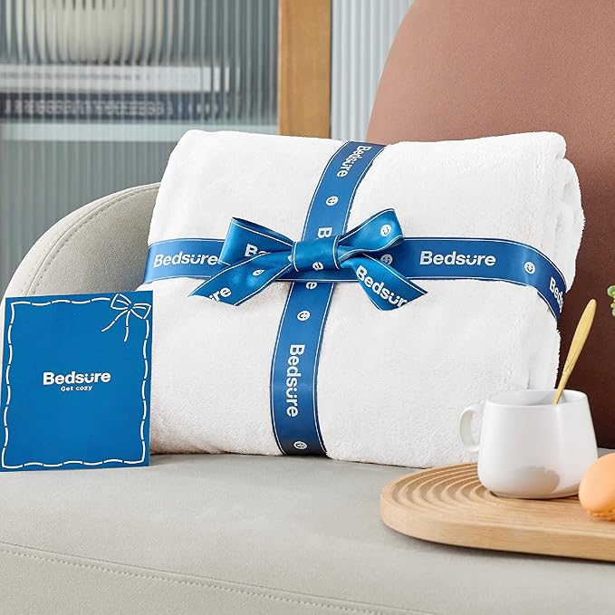 Bedsure GentleSoft Fleece Throw XL Blanket White - 300GSM Soft Lightweight Plush Cozy Blankets for Bed, Sofa, Couch, Travel, Camping, 50x70 inches