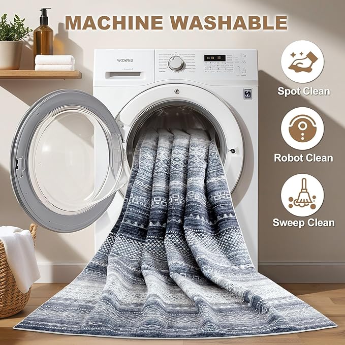 Nakagishi Area Rug Living Room Rugs: 7x10 Machine Washable Boho Large Neutral Farmhouse Stain Resistant Moroccan Indoor Floor Carpet for Bedroom Nursery Dorm Classroom Dining Room Home-Blue