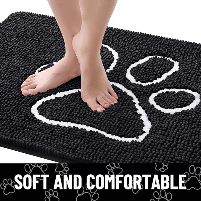 Smiry Dog Door Mat for Muddy Paws, Absorbent Dirt Trapper Non Slip Quick Dry Washable Chenille Mat for Mud Dogs, Entry Rug for Indoor and Outdoor (30x20 Inches, Black and White)