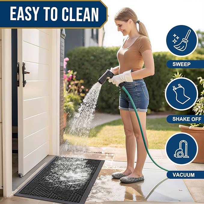 Smiry Front Door Mat Outside Entrance, Heavy Duty Sturdy Natural Rubber Doormat, Trap Dirt and Moisture, Easy Clean Low Profile Mats for Indoor Outdoor Entry, Irregular Triangle (47x32, Charcoal)