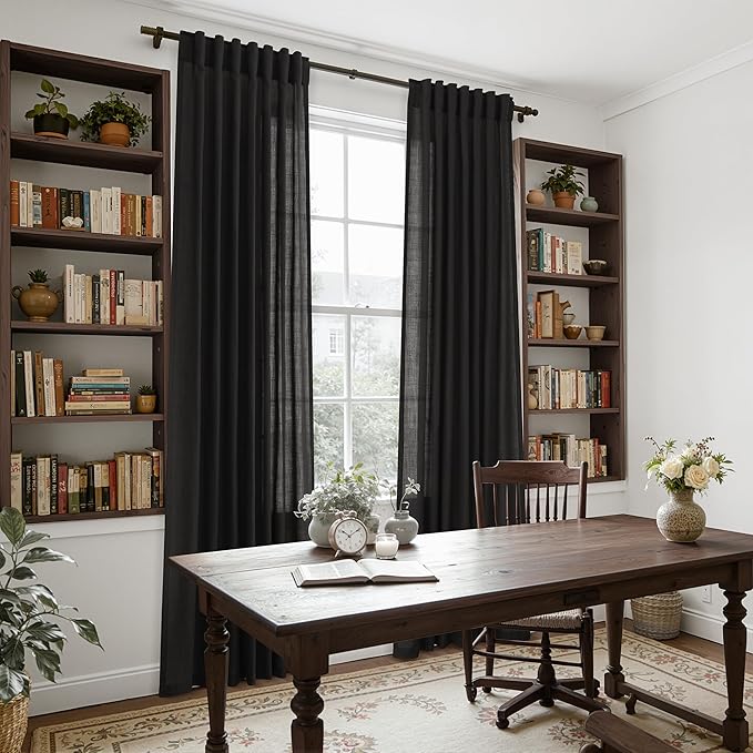 Vintage Black Linen Curtains for Living Room 72 Inches Long Light Filtering Semi Sheer Curtain Back Tab and Rod Pocket Privacy Luxury Gothic Vintage Decor Drapes for Bedroom Office 52x72, 2 Panels