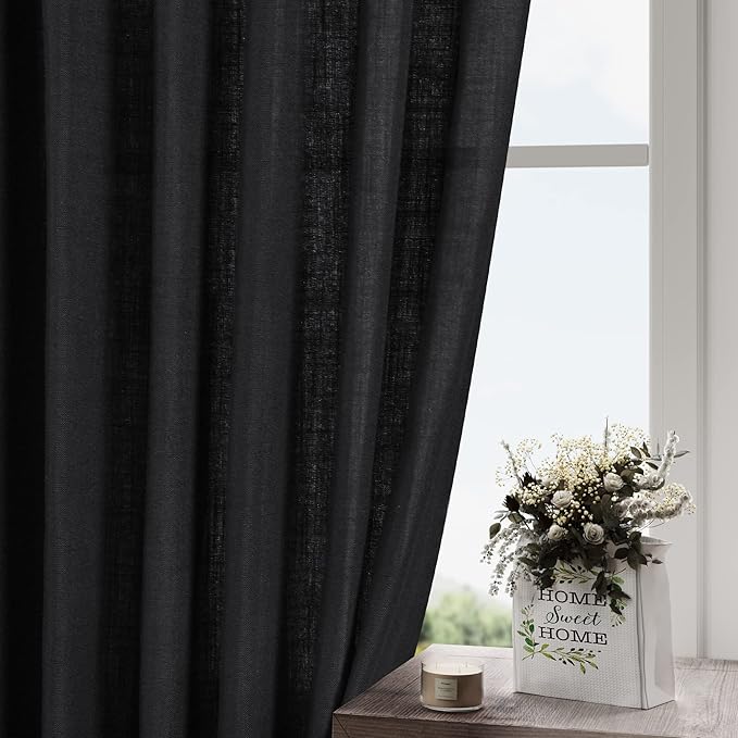 Black Linen Curtains 63 inches Long for Bedroom Back Tab Semi Sheer Curtains Mini Small Window Modern Decor Cotton Textured Gauze Curtain for Bathroom Kitchen Door Basement 2 Panel Set 38x63