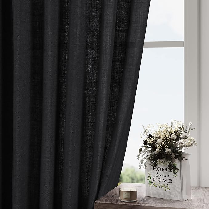 Black Sheer Linen Curtains 90 inch Length for Bedroom Back Tab Rod Pocket Modern Farmhouse Muslin Look Cotton Textured Black Window Curtains 90 inches Long for Dining Room Living Office 2 Panels