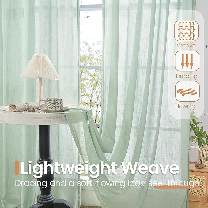BGment Sage Green Linen Curtains 54 Inch Length for Short Window - Rod Pocket Drapes Light Filtering Sheer Textured for Bedroom Decorative Lightweight Natural Rustic, 2 Panels Set, 42 X 54 Inch
