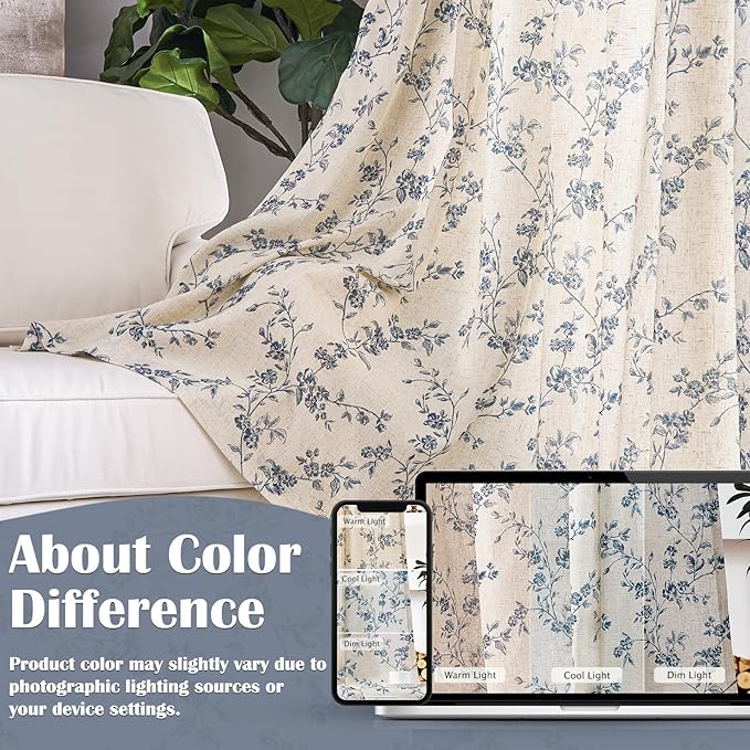 Lazzzy Blue Floral Linen Curtains 90 Inch Farmhouse Back Tab Drapes for Living Room Bedroom Light Filtering Vintage Grandmillennial Rod Pocket Curtains, 2 Panels, W38 x L90, Blue on Beige