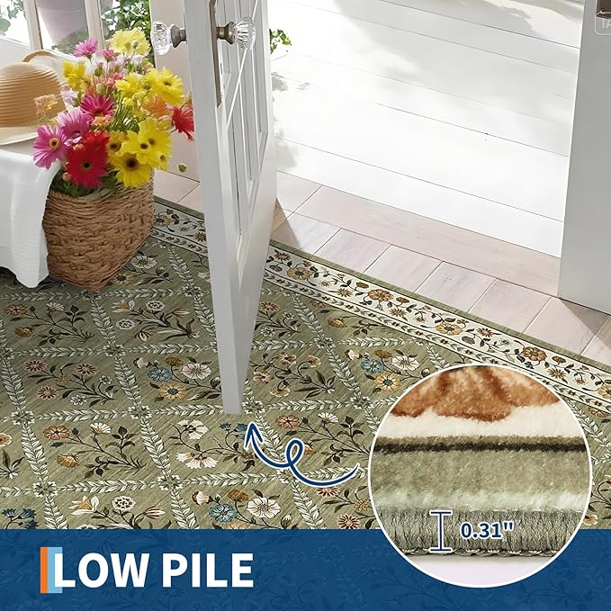GarveeHome Grey Floral Rug 4x6 Rug Machine Washable Area Rug for Living Room Farmhouse Floral Low Pile for Dining Room, Bedroom Indoor Foldable Non-Slip Green RV