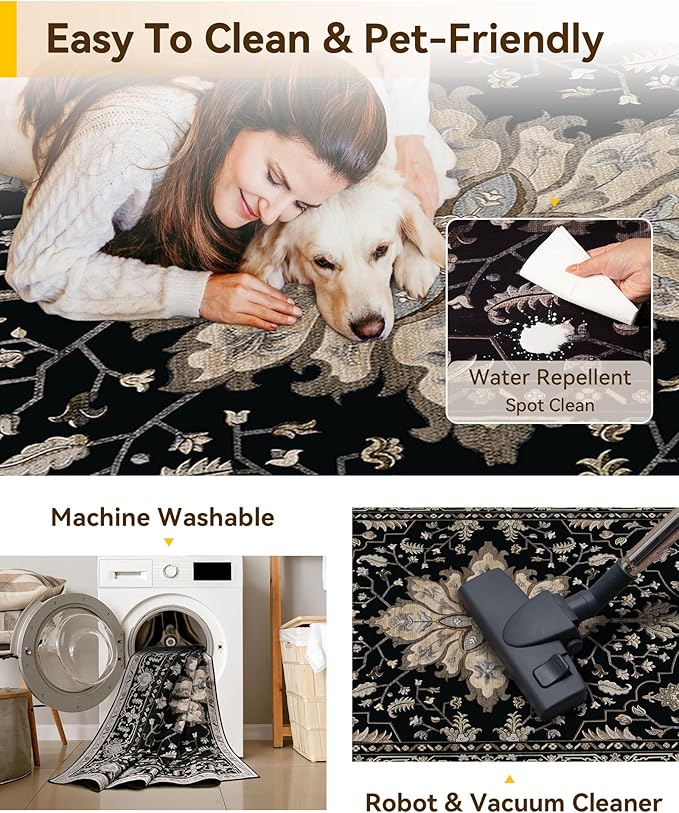 RELEANY Area Rugs Square 6ft Washable Non-Slip, Floral Vintage Distress Print Pattern Medallion Carpet for Living Room Bedroom Dining Room, Black Brown Neutral Dark Tan