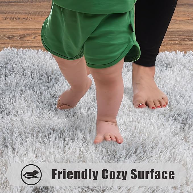 Ultra Soft Runner Rugs for Bedroom Hallways with Upgraded Non-Slip Rubber Backing & Thick Memory Sponge, 2 Packs 2x4 Feet Fluffy Shag Throw Area Rug for Bedside Dorm Tie-dye Light Grey