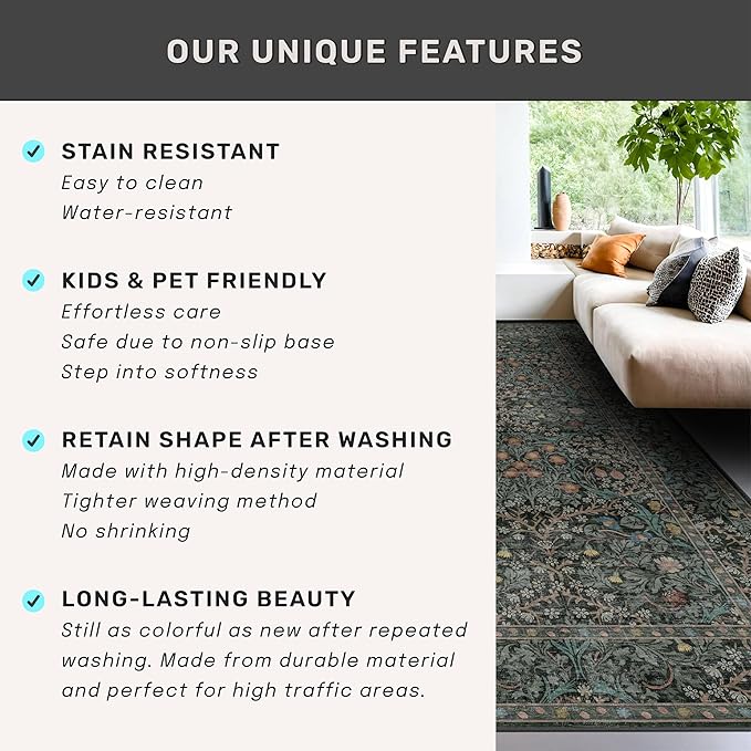 8ft Long Runners for Hallways Non Slip, 2'6" x 8' Floor Runner for Kitchen, Entryway Indoor, Washable Rubber Backing Stain Resistant - Vintage Floral Dark Green & Black Wide Décor
