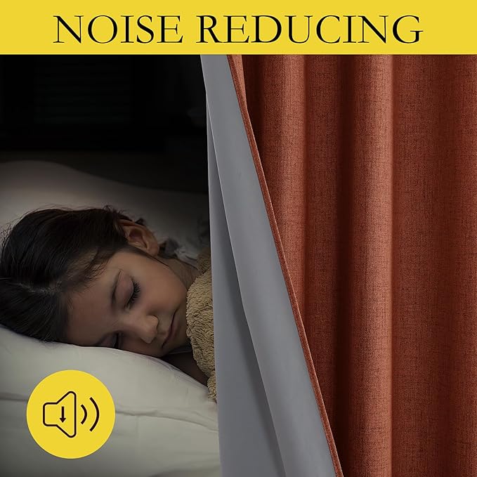 NICETOWN 100% Absolutely Blackout Linen Curtains with Thermal Insulated Liner, 42" Wide, 2 Panels, 63" Long Drapes, Grommet Retro Burnt Orange Linen Curtains Vertical Drapes Privacy for Bedroom