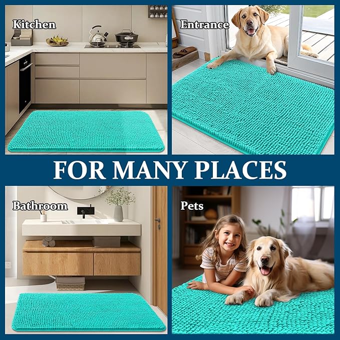 OLANLY Dog Door Mat for Muddy Paws 47x17, Absorbs Moisture and Dirt, Absorbent Non-Slip Washable Doormat, Quick Dry Chenille Mud Mat for Dogs, Entry Indoor Entryway Carpet for Inside Floor, Teal