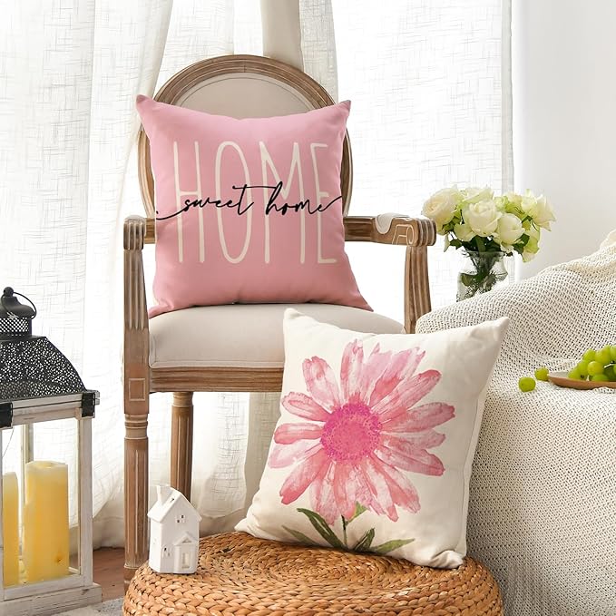 AVOIN colorlife Home Sweet Home Spring Summer Flowers Pink Throw Pillow Covers, 18 x 18 Inch Cushion Case for Sofa Couch Set of 4