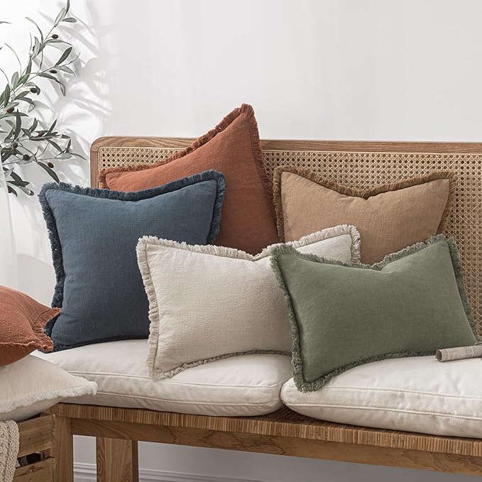 MIULEE Decorative Lumbar Throw Pillow Covers Neutral Linen Fringe Throw Pillows Set of 2 Natural Beige Boho Farmhouse Cushion Covers for Couch Sofa Bed Living Room Spring Home Decor 12x20 Inch