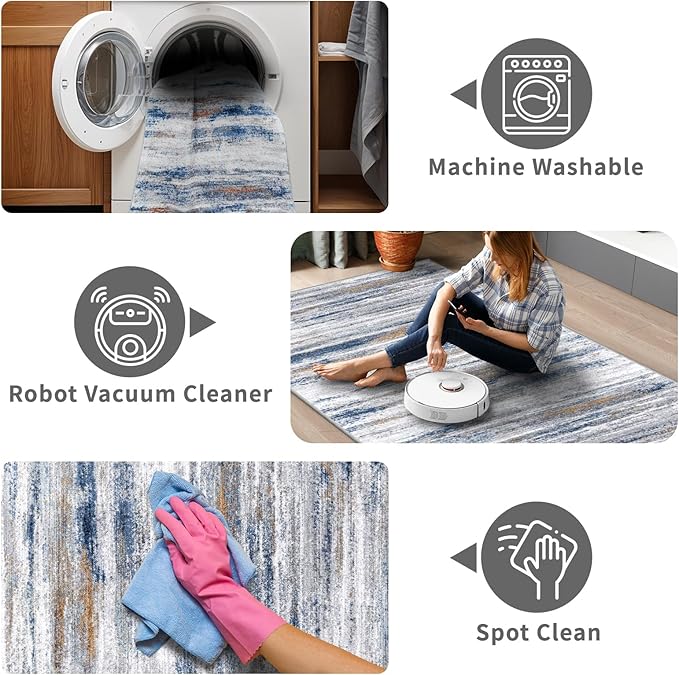 2x3 Small Washable Area Rug: Non-Slip Indoor Door Mat for Entrance Doorway Kitchen Bedroom Living Room - Abstract Farmhouse Throw Rug for Modern Home Decor Navy Grey