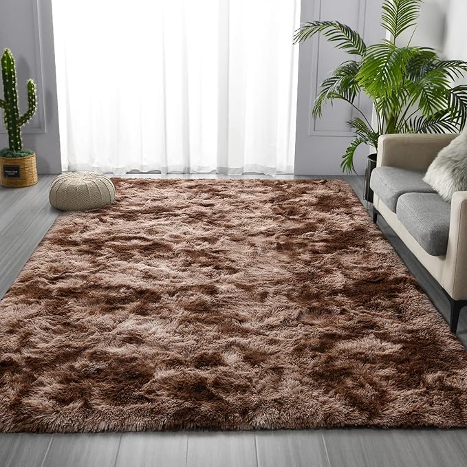 Deerhoo Shag Area Rug, 4 X 6 Tie-Dyed Plush Fuzzy Rugs for Living Room, Ultra Soft Fluffy Furry Rug for Bedroom, Indoor Carpet Nursery Rugs for Kids Room Home Decor, Coffee