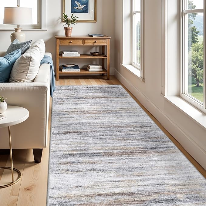 5x12 Runner Rug for Wide Hallway: Long Washable Runners for Entryway Living Room Dining Room - Stain and Water Resistant Rugs with Non-Slip Backing - Soft Low-Pile Carpet Beige Grey