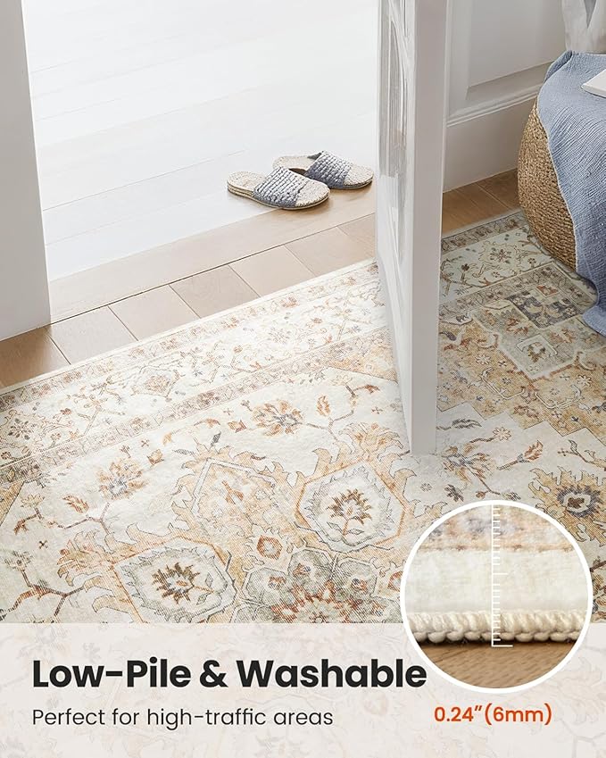 AMADA HOMEFURNISHING Round 5ft Area Rugs, Low-Profile Washable Rug with Non-Slip Backing & Durable Edge Binding, Vintage Rugs for Living Room, Bedroom, Dinning Room