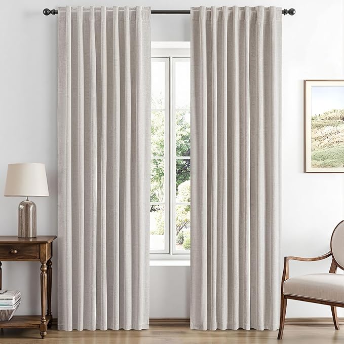 MIULEE 100% Blackout Linen Curtains for Bedroom, Ivory Solid Luxury Decor Thermal Insulation Room Darkening Drapes for Living Room Nursery Back Tab Rod Pocket 42 x 63 Inches, 2 Panels