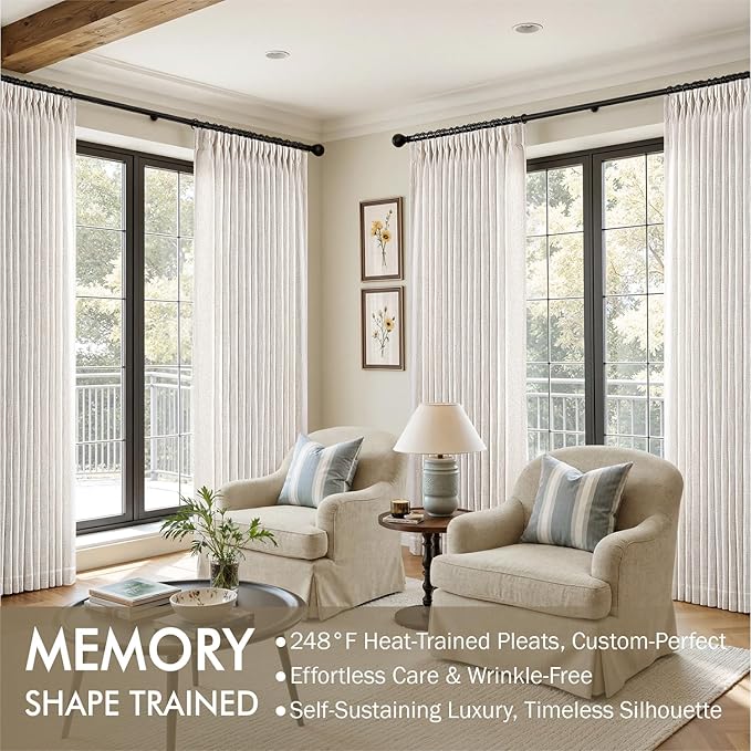 MIULEE Extra Wide 60 Inch Width Pinch Pleated Thick Linen Curtains 90 Inches Long 2 Panels for Patio Sliding Glass Door Living Room Bedroom Large Windows, Memory Trained Nautral Drapes Hooks&Rings