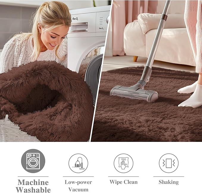 OLANLY Coffee Round Rugs for Bedroom - Machine Washable, 5 ft Circle Area Rugs for Living Room, Soft and Fluffy Shaggy Carpet for Teen Girls and Boys, Nursery Rooms, Dorms, Home Decor Aesthetic
