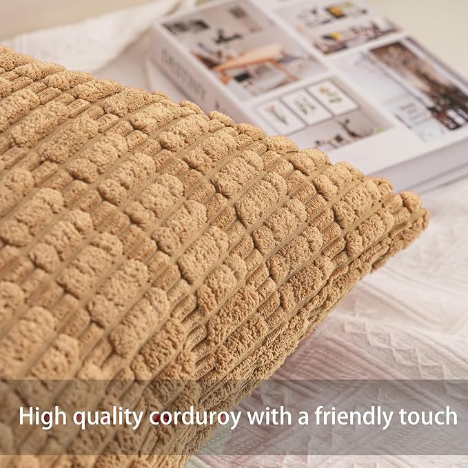 Pack of 2 Corduroy Decorative Throw Pillow Covers 24x24 InchSoft Striped Pillow Covers Modern Farmhouse Home Decor for Sofa Living Room Couch Bed（Coffee）