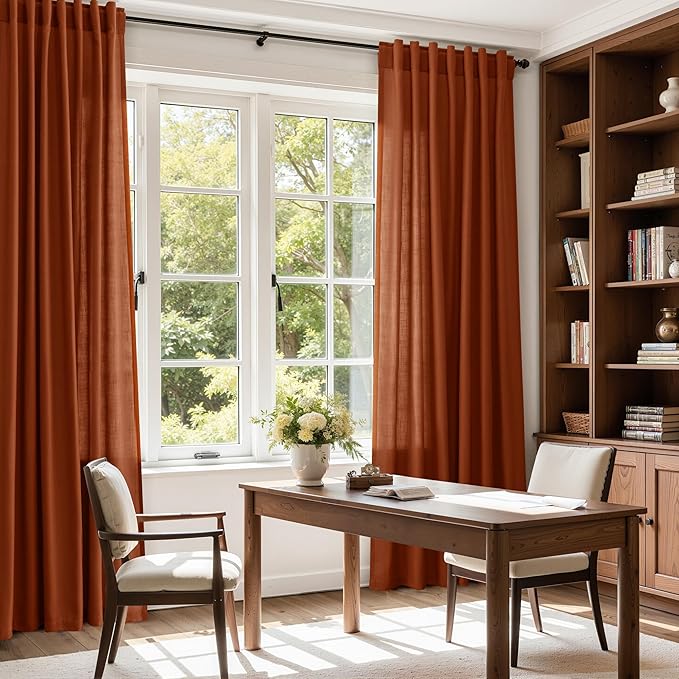 Nanspring Terracotta Linen Curtains 90 Inches Long 2 Panel Set Back Tab Boho Rustic Farmhouse Curtain for Living Room Semi Sheer Light Filtering Luxury Home Decor for Bedroom Dining Room 60x90