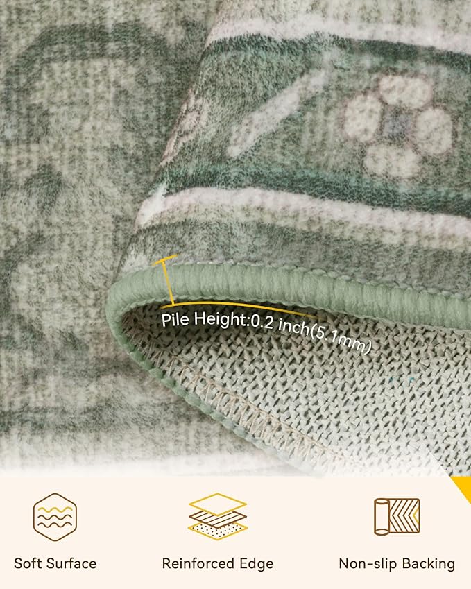 RELEANY Area Rugs 6'x8' Washable Non-Slip, Floral Vintage Distress Print Pattern Medallion Carpet for Living Room Bedroom Dining Room, Dark Green Gray