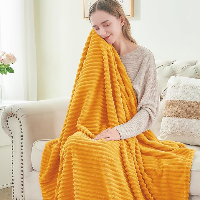 BEDELITE Fleece Blanket King Size – 3D Ribbed Jacquard Soft and Warm Decorative Fuzzy Blankets – Cozy, Fluffy, Plush Lightweight Throw Blankets for Couch, Bed, Sofa(Mustard Yellow, 108x90 inches)