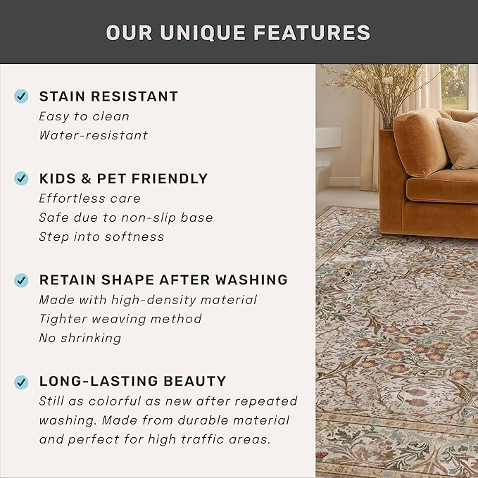 Dining Room Rugs for Under Table - 6x8 Washable Moss Green Area Rug for Living Room, Low Pile Non-Slip Floor Carpet for Bedroom - Vintage Olive Taupe Design & Stain Resistance