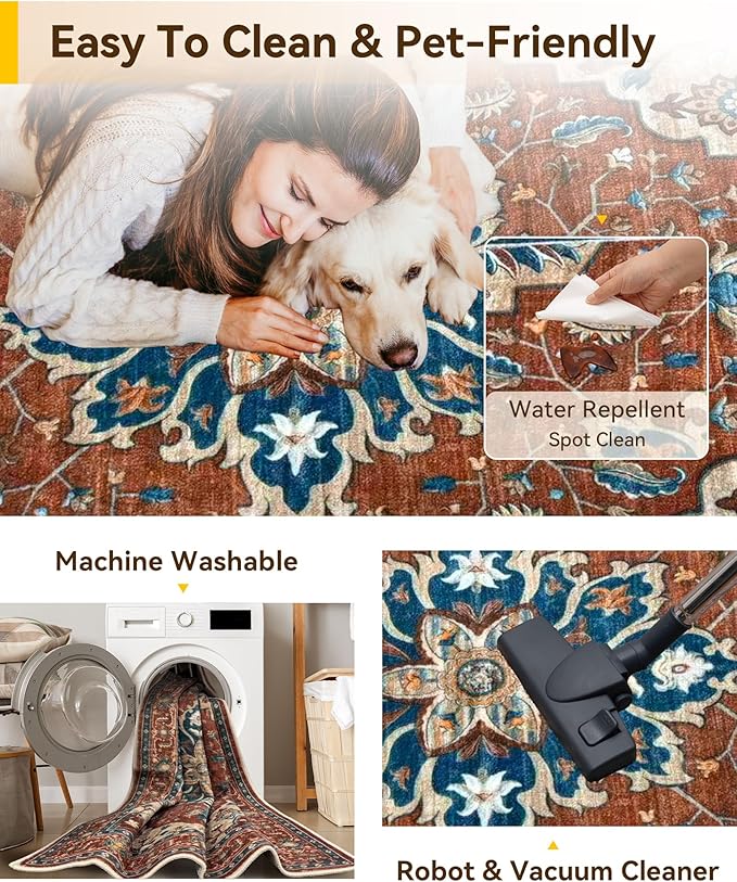 Area Rugs 3'x5' Washable Non-Slip, Floral Vintage Distress Print Pattern Medallion Carpet for Living Room Bedroom Dining Room, Red Orange Blue Brown