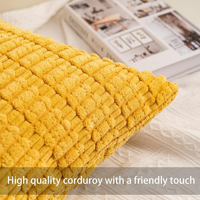 Pack of 2 Corduroy Decorative Throw Pillow Covers 20x20 InchSoft Boho Striped Pillow Covers Modern Farmhouse Home Decor for Sofa Living Room Couch Bed（Yellow）