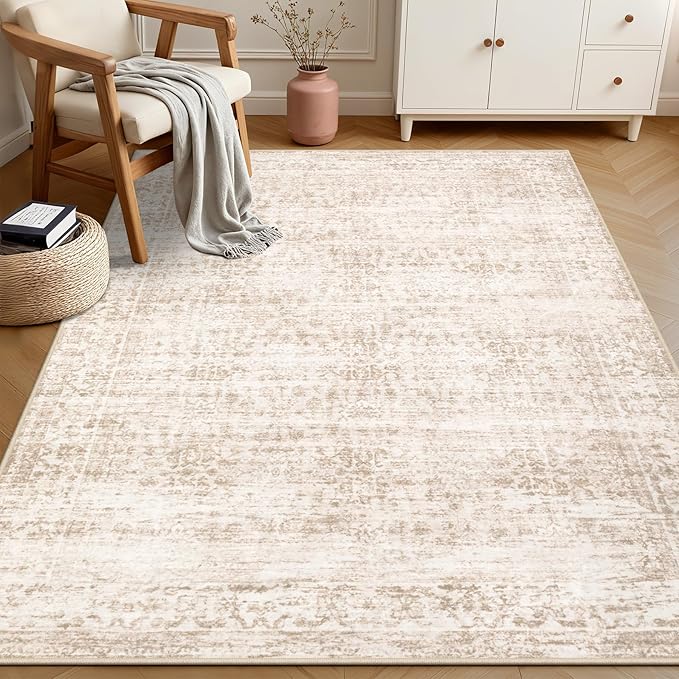 3x5 Area Rugs Living Room Rug: Washable Vintage Boho Rug No Slip Stain Resistant Soft Carpet Indoor Floor Floral Large Carpets for Bedroom Dining Room Farmhouse Nursery Home Office Beige