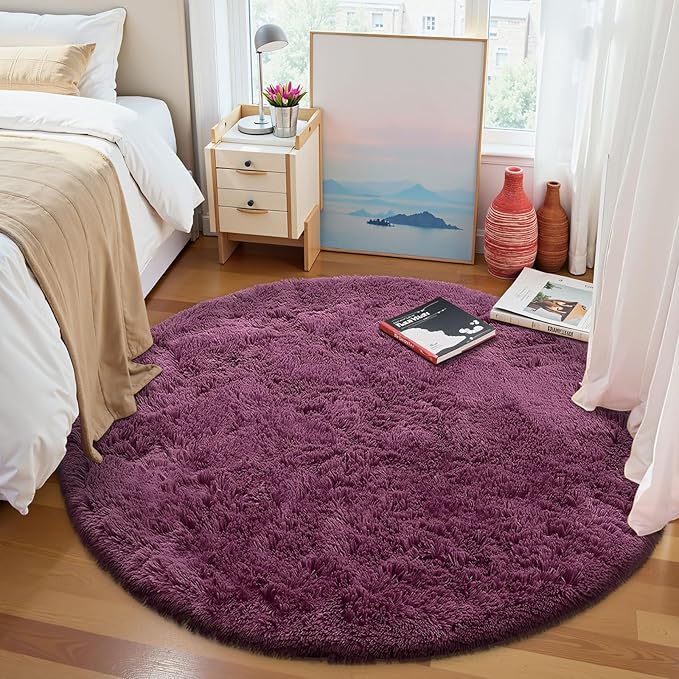 OLANLY Burgundy Round Rugs for Bedroom - Machine Washable, 9 ft Circle Area Rugs for Living Room, Soft and Fluffy Shaggy Carpet for Teen Girls and Boys, Nursery Rooms, Dorms, Home Decor Aesthetic