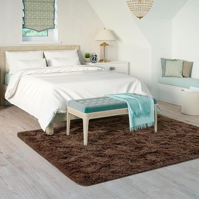 Goideal Fluffy Rug for Bedroom Living Room, 5x7 Brown Area Rugs, Faux Fur Shag Modern Carpet Ultra Soft Girls Boys Room Home Decor, Solid