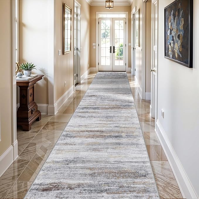 3x15 Washable Runner Rug for Hallway: Long Runners for Entryway Living Room Dining Room - Stain and Water Resistant Rugs with Non-Slip Backing - Soft Low-Pile Carpet Beige Grey