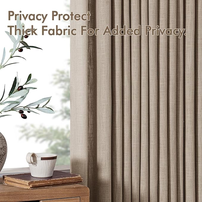 MIULEE Pinch Pleated Thick Linen Curtains 96 Inches Long 2 Panels for Living Room Bedroom, Memory Trained Pleat Drapes Light Filtering Grey Beige Semi Sheer Window Curtains Hooks Rings Back Tab
