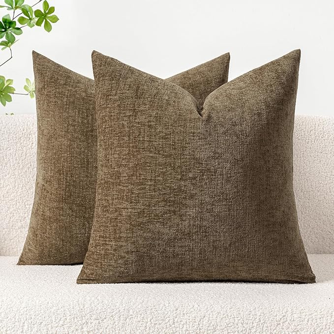 MIULEE Pack of 2 Coffee Throw Pillow Covers 16x16 Inch Soft Chenille Pillow Covers for Sofa Living Room Couch Solid Dyed Cases