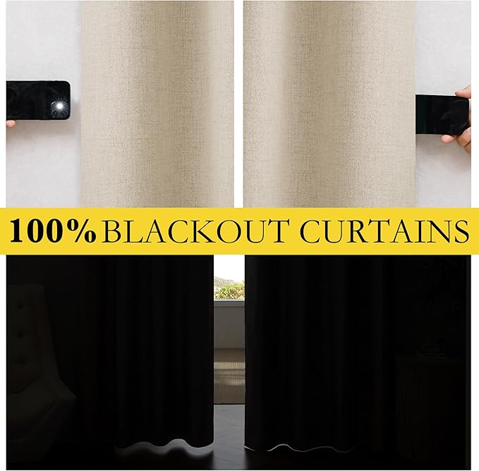 NICETOWN Cream 100% Blackout Linen Curtains 102 inch Long Burg for Living Room, 1 Pair, 52" Width Each Panel, Farmhouse Thick Completely Blackout Window Treatment Thermal Insulated Drapes